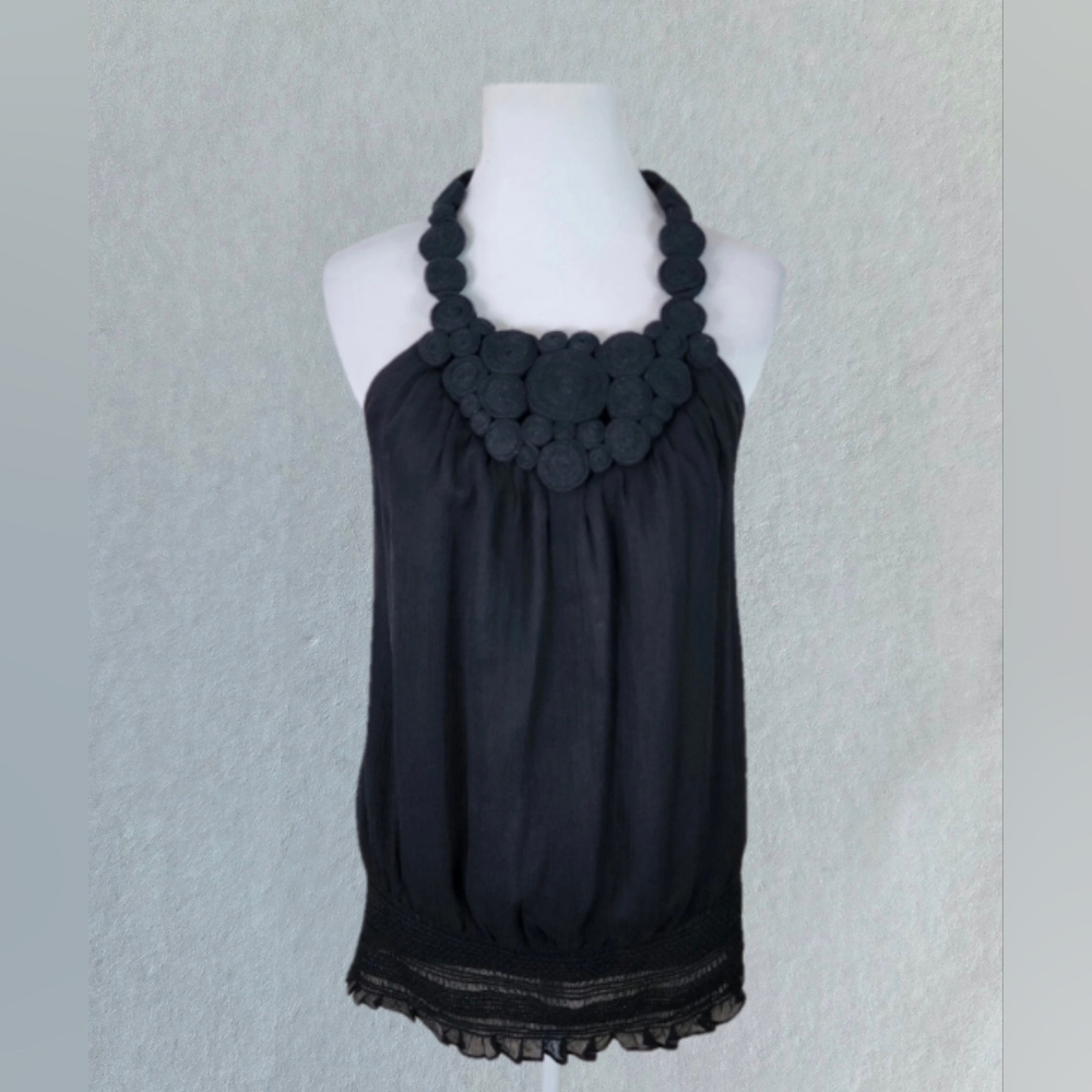 INC Women's 100% Silk Black Halter Sleeveless Top With Chifon Size 14 NWT